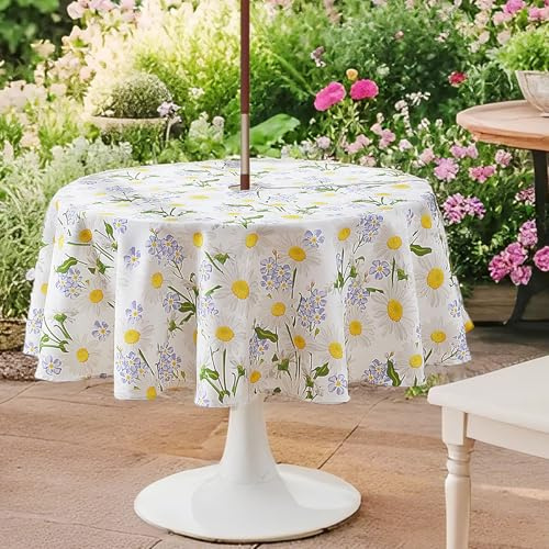 Round Outdoor Tablecloth 150cm - Wipeable Tablecloth with Parasol Hole and Zipper, Garden Table Cloths Waterproof Table Cover Circular Table Cloth Wipe Clean for Round Table, Patio, Picnic,White Daisy