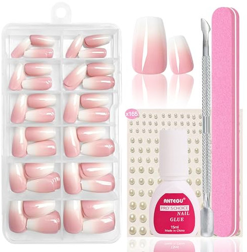 Falsche Nägel Tips Set - 120 Stück Französisch Falsche Nägel Zum Aufkleben - Weiß Rosa Gradient Design Künstliche Nägel Nail Art Manicure Fake Nails für Damen und Frauen DIY (Baby Pink Kurz Ballerina)
