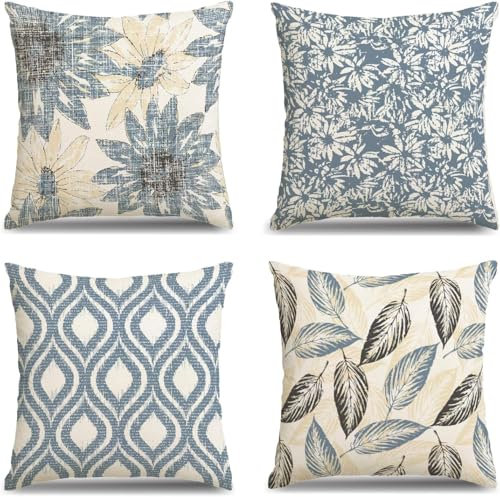 APRPOPHIC Sommer Kissenbezug 45x45 4 Teiliges Set von Blau Blumen Dekorative Kissenbezüge im Sommer Kissen Kissenbezug aus Leinen Geeignet für Schlafzimmer, Wohnzimmer, Sofas