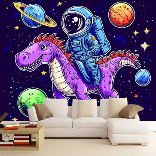 WHUOEUCO Fototapete Cartoon Astronauten Dinosaurier 200x140 cm 3D Wandbild Tapete, Modern Vlies Motivtapeten Groß Foto Tapete, Schlafzimmer Wohnzimmer Büro Wandtapete Deko