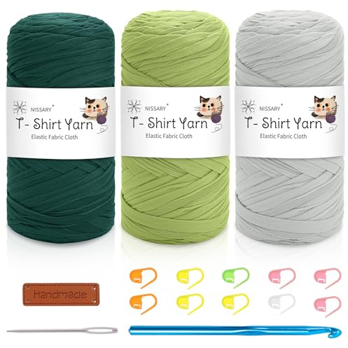 Nissary 3 Stück à 200g T-Shirt-Garn für Häkeln - Dicke Wolle zum Häkeln Crochet Yarn inklusive 10mm Häkelnadel & Zubehör - Ideal für DIY-Taschen, Kissen, Chunky-Decken & Home-Decor-Projekte