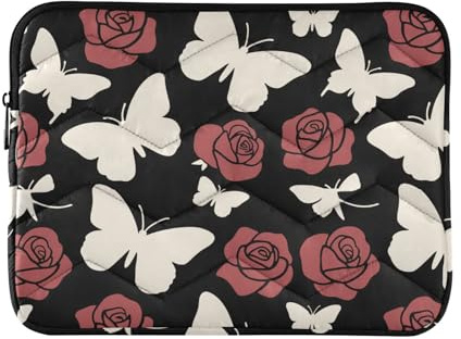 Laptop-Hülle für Laptops mit 33 - 35,6 cm (13 - 14 Zoll), weiche Laptop-Schutzhülle mit Reißverschluss, Traumhafter Schmetterling, Rot, Creme, Rose, Blume, Schwarz