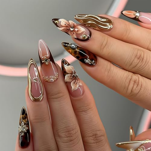 AuraFusion 24 pièces ongles à presser 3D fleurs, faux ongles en forme d'amande avec motif floral, ongles acryliques réutilisables pour manucure, application facile