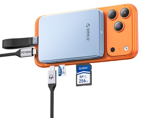 ORICO 10Gbps Magnétique M.2 NVMe SSD Boîtier avec USB-C Hub pour iPhone17/16/15 Pro/Max Enregistrement ProRes Emplacement TF/SD Carte PD 100W pour 2230/2242/2260/2280 B+M M-Key Diskless AP80F Blue
