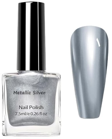 Silber Metallic Nagellack, Spiegelnagellack Chrom Fingernagellack Effect, Metall Spiegel Nagellack Langanhaltender Schnelltrocknend, Hochwertig Nail Polish für Nail Art, Kein UV Nötig(Silber)