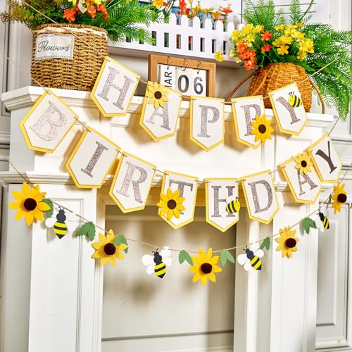 SUNBEAUTY Sonnenblumen Geburtstag Girlande Filz Bienen Sonnenblumen Happy Birthday Girlande Blumen Geburtstag Banner Party Dekoration für Bienen Geburtstagsdeko Hochzeiten BabyShower Gartenfeier Party