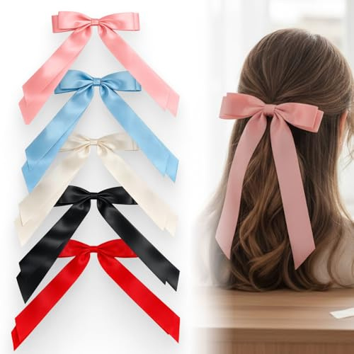 5 pezzi fiocchi per capelli, fermagli in raso con pinza in metallo e nastro, accessorio per donne e ragazze, per coda di cavallo, treccia e capelli sciolti, 5 colori
