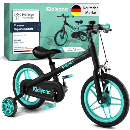 Kidiyana 3-in-1 Kinderfahrrad ab 2 Jahren mit abnehmbaren Pedalen & Stützrädern – Laufrad 12 Zoll mit Handbremse, Klingel, höhenverstellbarem Sattel & Lenker, Balance Bike mit Aluminiumrahmen