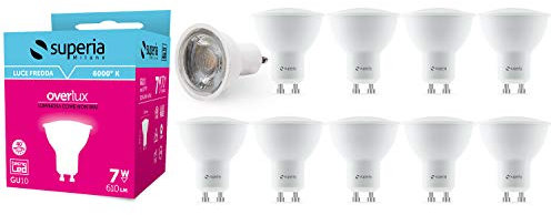 Superia Lampadina LED GU10 COB, 7W (Equivalenti 70W),Fascio Stretto 40° Luce Fredda 6000K RA80, Luminosa 600 lumen, Faretto incasso, Schermo opale, Nessuno Sfarfallio, CPT7F Pacco da 10