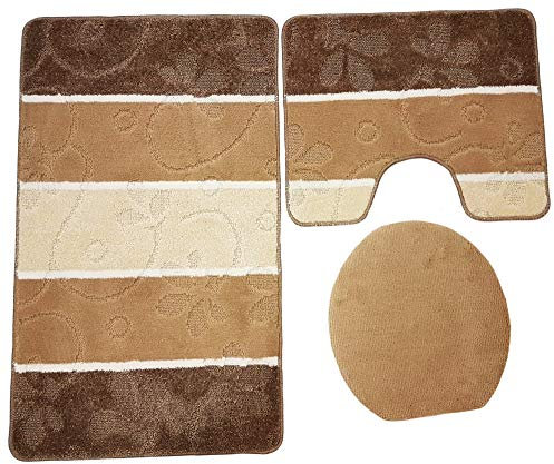 Orion Badgarnitur 3 TLG. Set 60x100 cm, farbig gestreift, WC Vorleger mit Ausschnitt für Stand-WC (braun beige)