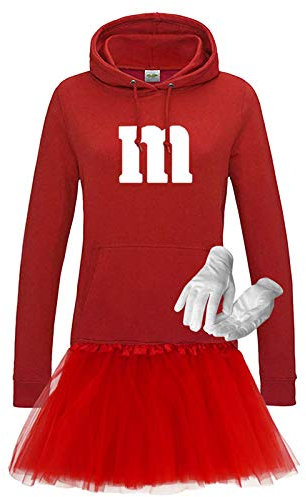 Hoodie M&M + Tüllrock Karneval Gruppenkostüm Schokolinse 9 Farben Damen XS-2XL Mundm Fans Tanzgruppe Fasching Verkleidung Rosenmontag, Größe:L, Farbe:rot - Logo weiss (+Handschuhe weiss/Tütü rot)