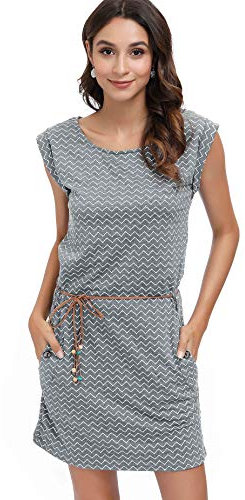 DOTIN Damen Sommerkleid Kurzarm Strandkleid Freizeitkleid Waves Tshirt Minikleid Jersey Kleid, Grau, M