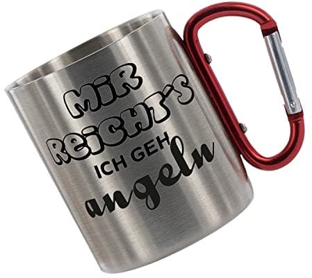 CreaLuxe Edelstahltasse mit Karabiner - Mir reichts ich GEH Angeln - 330ml, Tasse bedruckt, Kaffeetasse, Bürotasse, Metalltasse mit Name, Angelzubehör