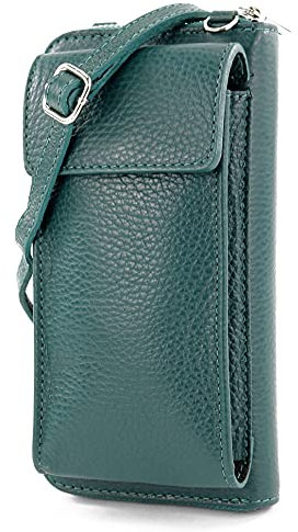 modamoda de P06 Damen Leder Umhängetasche Geldbörse Handytasche 6,5 Zoll handmade in Italy, Farbe:Petrolgrün