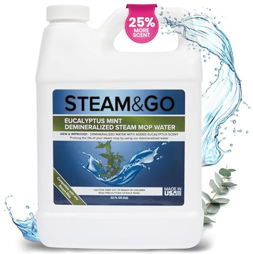 Steam & Go - Demineralized Water for Steam Cleaners, PVC Free Floor Cleaner, Liquid, Compatible with Any Mop Steamer, Ready to Use Multisurface Cleaner, Scented Mop Solution, Eucalyptus Mint 900ml