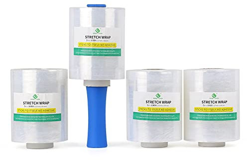 BOMEI PACK Lot de 4 rouleaux Film étirable avec poignée en plastique, Palette Wrap transparent 12,7 cm x 305 m pour palettes, fournitures de déménagement et film rétractable