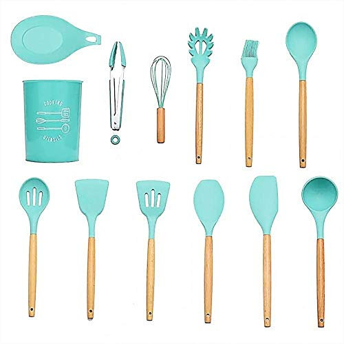 Utensilios Cocina,Juego de utensilios de cocina de silicona, utensilios de cocina antiadherentes resistentes al calor, herramientas para hornear con caja de almacenamiento, utensilios de cocina-Verde