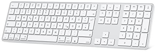 OMOTON Bluetooth Tastatur für Mac(MacBook/Air/Pro/iMac/iMac Pro/Mac Pro), wiederaufladbare kabellose Tastatur, mit 3 Bluetooth Kanälen, QWERTZ DE-Layout, Silber