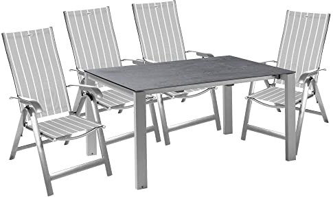 acamp Gartenmöbel Set wetterfest | Acatop 4er Set Gartenstühle klappbar mit Verstellbarer Lehne | Extensio Gartentisch ausziehbar | Terrassenmöbel Set für 4 Personen | Sitzgruppe Platin/Denver