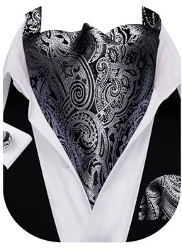 Barry.Wang Herren Paisley Ascot Krawatten-Set mit Taschentuch und Manschettenknöpfen, Seidenjacquard, gewebtes Blumenmuster, Schwarzes und graues Paisleymuster, Einheitsgröße