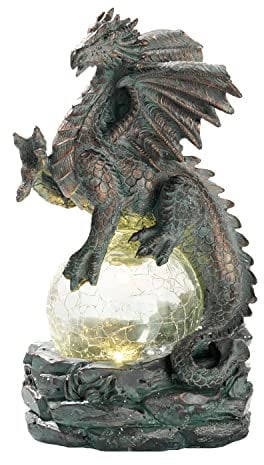 TERESA'S COLLECTIONS 22cm Garten Drache Figur mit Solar Licht, Gartenstatue Solar Glaskugeln Beleuchtung wasserdichte Bronze Kunstharz Gartenfiguren für Außen, Rasen Geschenke für Frauen