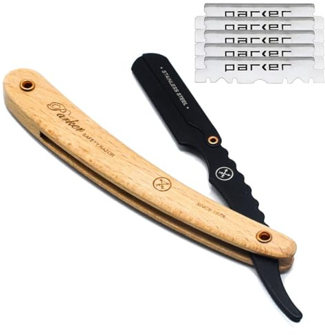 Rasoir de barbier droit Parker SRP avec manche en pin et bras en acier inoxydable avec 5 lames ** JUSTE INTRODUIT POUR L'AUTOMNE 2022 **