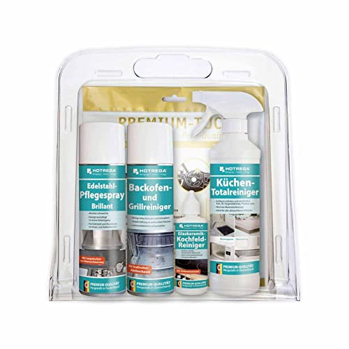 HOTREGA Küchen-Set Reinigung und Pflege Basic 5-teilig, Kochfeldreiniger, Backofenreiniger, Allzweckreiniger, Edelstahlpflege, Microfasertuch
