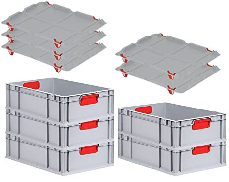 PROREGAL SuperSparSet 5x Eurobox NextGen Color mit Auflagedeckel & Schiebeschnappverschlüsse, HxBxT 17x40x60cm, 34L, Griffe rot geschlossen, Glatter Boden, Eurobehälter Transportbox Transportbehälter