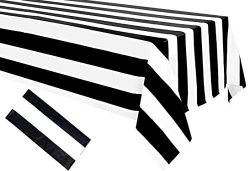 Tischdecke aus Kunststoff, wasserdicht, gestreift, 137,2 x 274,3 cm, geometrisch gestreift, Tischdecken für Essen/Camping/Picknick, Schwarz und Weiß, Geburtstagsparty-Zubehör, Dekorationen, 1 Stück
