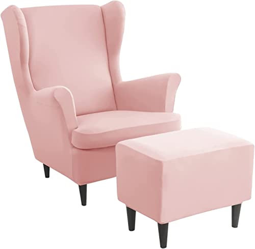 Ohrensessel überzug mit Hocker Bezug, 2 Teilig Sessel-Überwürfe+1 Teilig Ottomane Schonbezug, Beige/Grün/Rosa/Blau Ohrensessel Schonbezüge Sesselhusse Stretch Tiger Stuhlbezug mit Armlehne ( Color : #