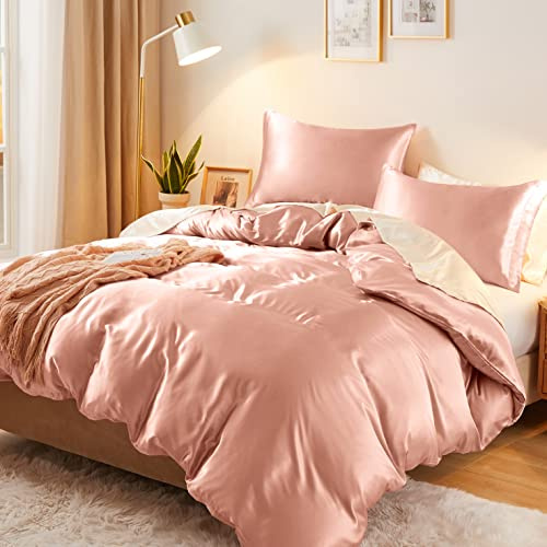 Vonty Rose Gold Satin Duvet Cover Set, Full/Queen, 3-Piece, 400TC | Zipper Closure with Corner Ties, Silky Smooth Reduces Facial Wrinkles, Protects Hair, Machine Washable, Year-Round Comfort