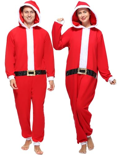Sincere Party Erwachsene Herr Santa Onesie Kostüm,Fleece Santa Claus One-Piece Christma Pyjamas Outfit für Männer und Frauen Klein