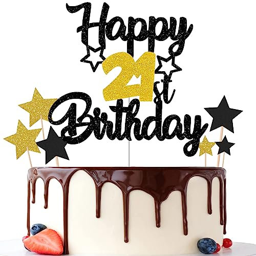 Gidobo 21st Birthday Cake Toppers, Black Gold Glittery Cake Decorations with Stars, Twenty-One Years Old Birthday Party Supplies for Men and Women