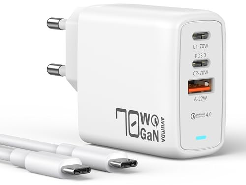 AVUMDA 70W Chargeur USB C Rapide,Chargeur Rapide 3 Ports avec GaN III Tech pour MacBook Air Pro iPad Pro Dell XPS 15,Google Pixel,Samsung Galaxy S23/S22/S21,Steam Deck(Inclus 1.8M 100W Cable USB C)