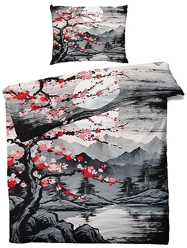 MOBEITI Japanische Bettwäsche 135x200, Japan Kirschblüten Berge Wendebettwäsche, Weiche Kuschelige Mikrofaser Bettbezug Set 2teilig, 1 Kissenbezug 80x80, mit Reißverschluss - Asiatische Motive 07