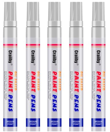 White Paint Markers, 5 Pack Oil-Based Waterproof Quick Dry and Permanent Paint Pen Set for Rocks Painting, Wood, Plastic, Canvas, Glass, Mugs, Metal, Tire, Stone, DIY Craft
