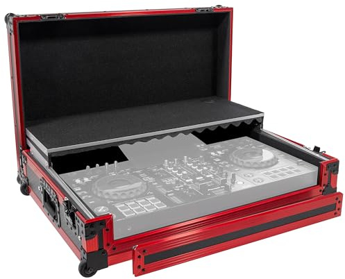 Plugger Case, Flight case Pro per controller Pioneer DJ XDJ RX3. Flight-case in multistrato nero 9 mm, alluminio rosso angolare, rotelle, per controller DJ USB, con tablet per PC portatile.