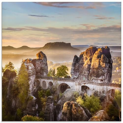 ARTland Wanddeko Glasbilder Wandbild Glas Bild einteilig 50x50 cm Quadratisch Sächsische Schweiz Natur Bäume Berge Antik Architektur Brücke Bastei Sonnenuntergang U4XD