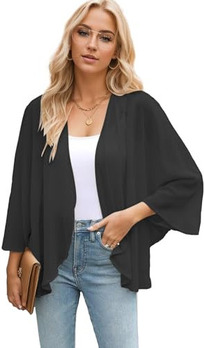 Famulily Womens Black Kimono Cardigans Ladies 3/4 Loose Puff Sleeves Silky Chiffon Shrugs Open Front Tops (M,Black)