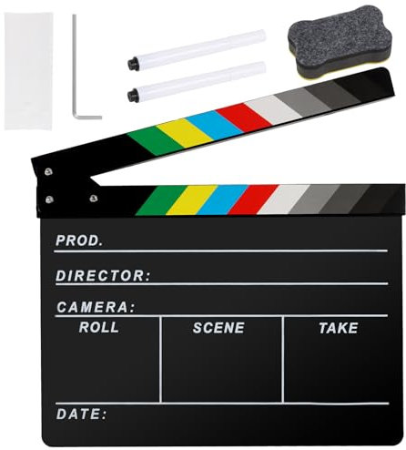 Ribvane Clap en acrylique pour réalisateurs de films - Photographie vidéo - Scène d'action - Avec une gomme magnétique pour tableau noir, deux stylos personnalisés, un chiffon de nettoyage et une clé