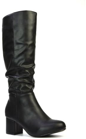 ESSEX GLAM Womens Mid Calf Boots Ladies Rouched Block Low Heel Slouchy Black Synthetic Leather Shoes Size 7