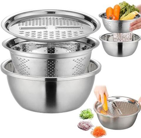 Cuenco alemán Multifuncional de Acero Inoxidable, ensaladera con escurridor, Cortador de Verduras y colador rallador, Juego 3 en 1 con tamices