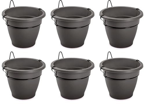 Acan Tradineur - Pack de 6 macetas Redondas de plástico con Soporte para Pared, macetero, Tiesto Colgar, Recipiente, Plantas, Flores, balcón, Porche, hogar, Fabricada en España (Antracita - Ø 25 cm)