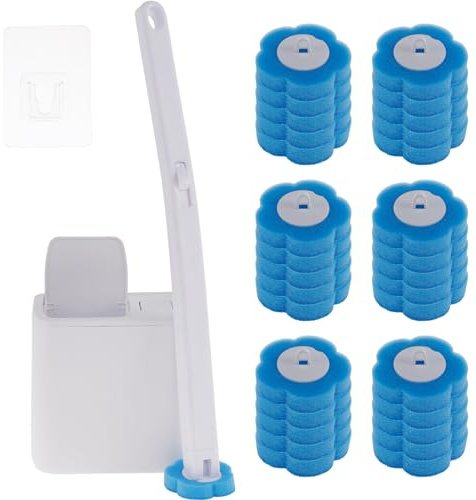QINGLANG Toilet Brush Cleaning Kit with 30 Toilet Brush Refills Wall Mounted Toilet Bowl Cleaner Kit with Handle and Storage Caddy Adhesive Toilet Bowl Cleaner Multifunctional Toilet Bowl Brush for Ho