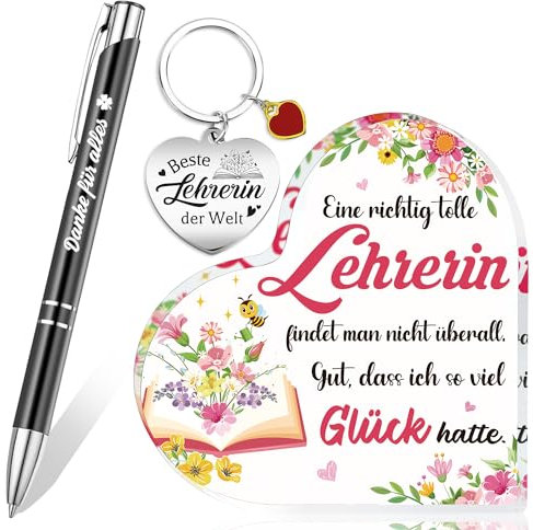 HOWAF Lehrerin Geschenk Abschied - Herzförmiges Acryl Heimat Dekoration, Danke für Alles Stift, Schlüsselanhänger - Abschiedsgeschenk für Lehrer