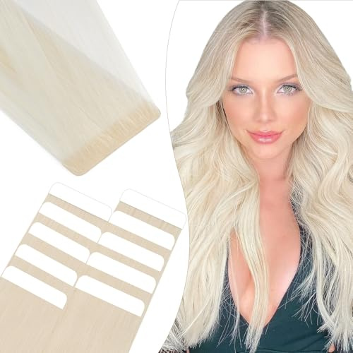 Elailite Tape Extensions Echthaar #60 Platinumblond, 10 Stück Unsichtbar Kleber Haarverlängerungen 25g, 55cm Genähtes Haar Glattes Invisible