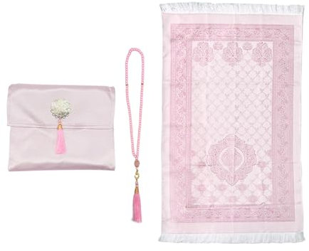 Anlising Tapis de Prière Musulman avec Perles de Prière et Sac en Tissu, Tapis de Prière de Voyage Islamique, Tapis Prière Portable,pour Musulman, Islamique, Ramadan, Cadeau (Rose, 110x70CM)