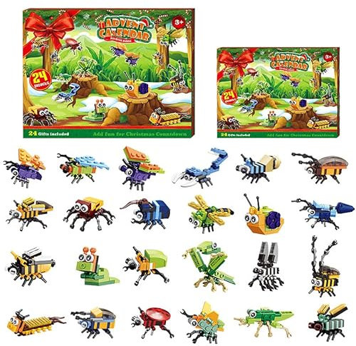 Adventskalender 2024 Bausteine Kinder 24 Tage Insektbausteine Weihnachtsbaum und Straßen Weihnachts Geschenk Countdown Kalender