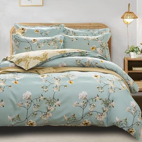 Freyamy Housse de Couette Floral 220x240+2 Taie d'oreiller 65x65cm Vert Coloré Fleurie Imprimé Parure de lit 2 Personnes Adulte Fleurs Sets de Housse Couette en 100% Microfibre avec Fermeture Éclair