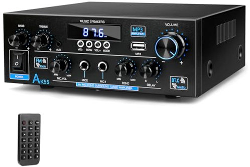 Bluetooth Amplifier AK55-2 Channel Speaker Amplifier Car Amp HiFi for Speakers FM Radio, Karaoke, w/USB/2 MIC/SD/MMC/FM Inputs & Remote Control, for Home Theater & Bookshelf Speakers